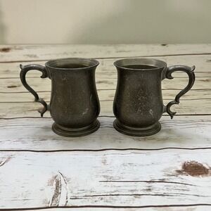Vintage Scroll Pewter Handle Footed Mugs Set of 2 4.25